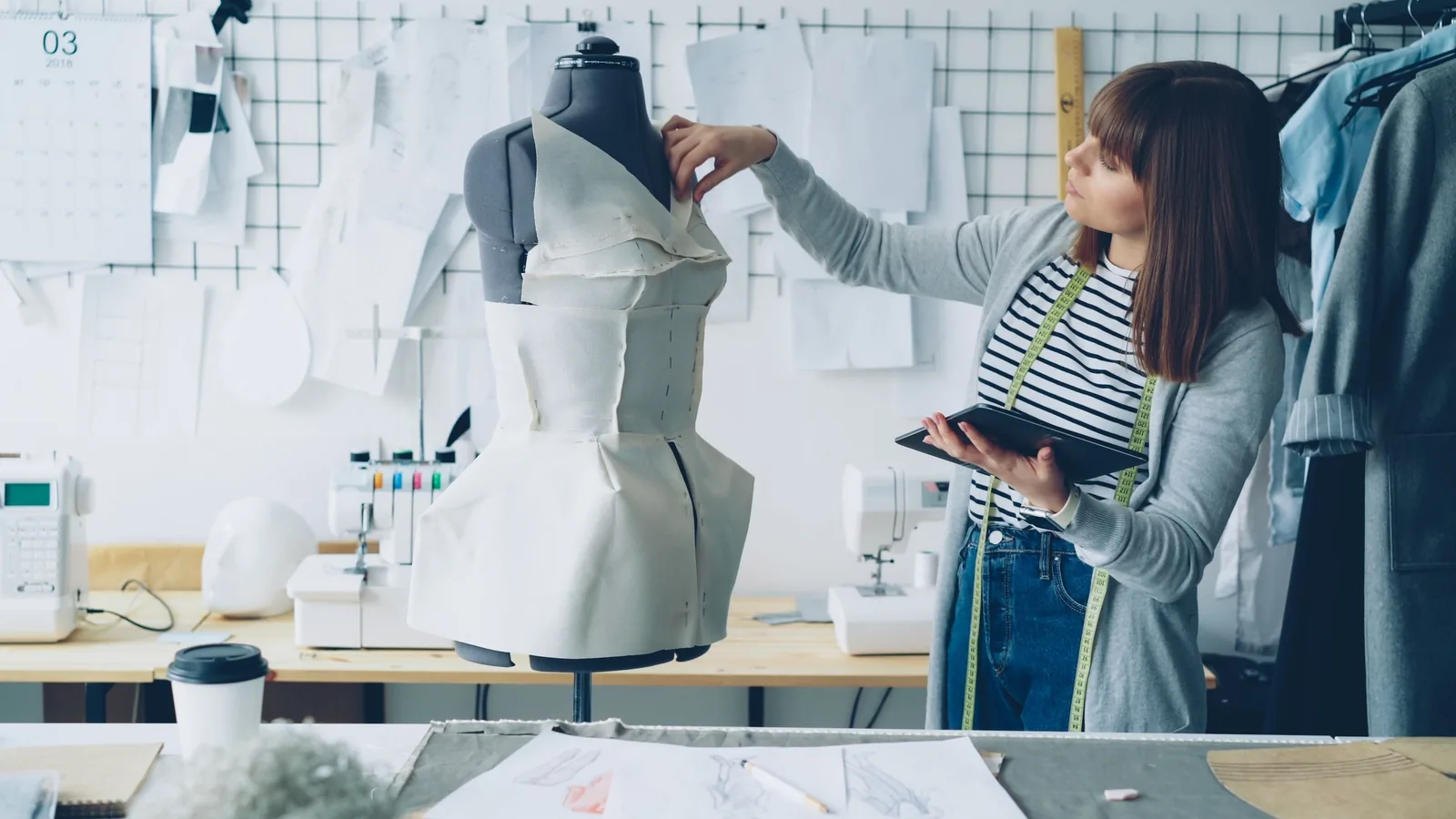 A designer working on a dress at a mannequin