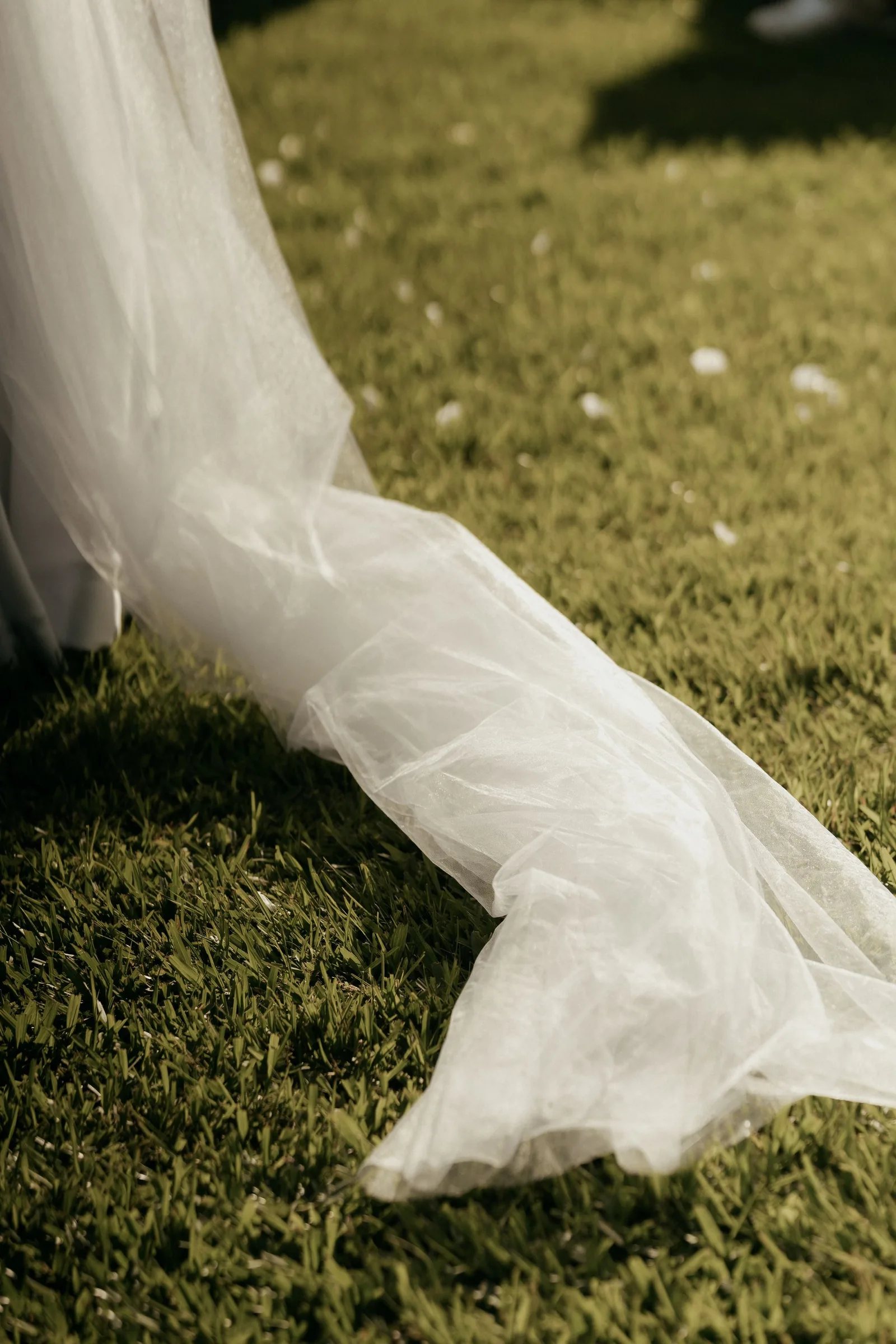 A long veil resting on the grass